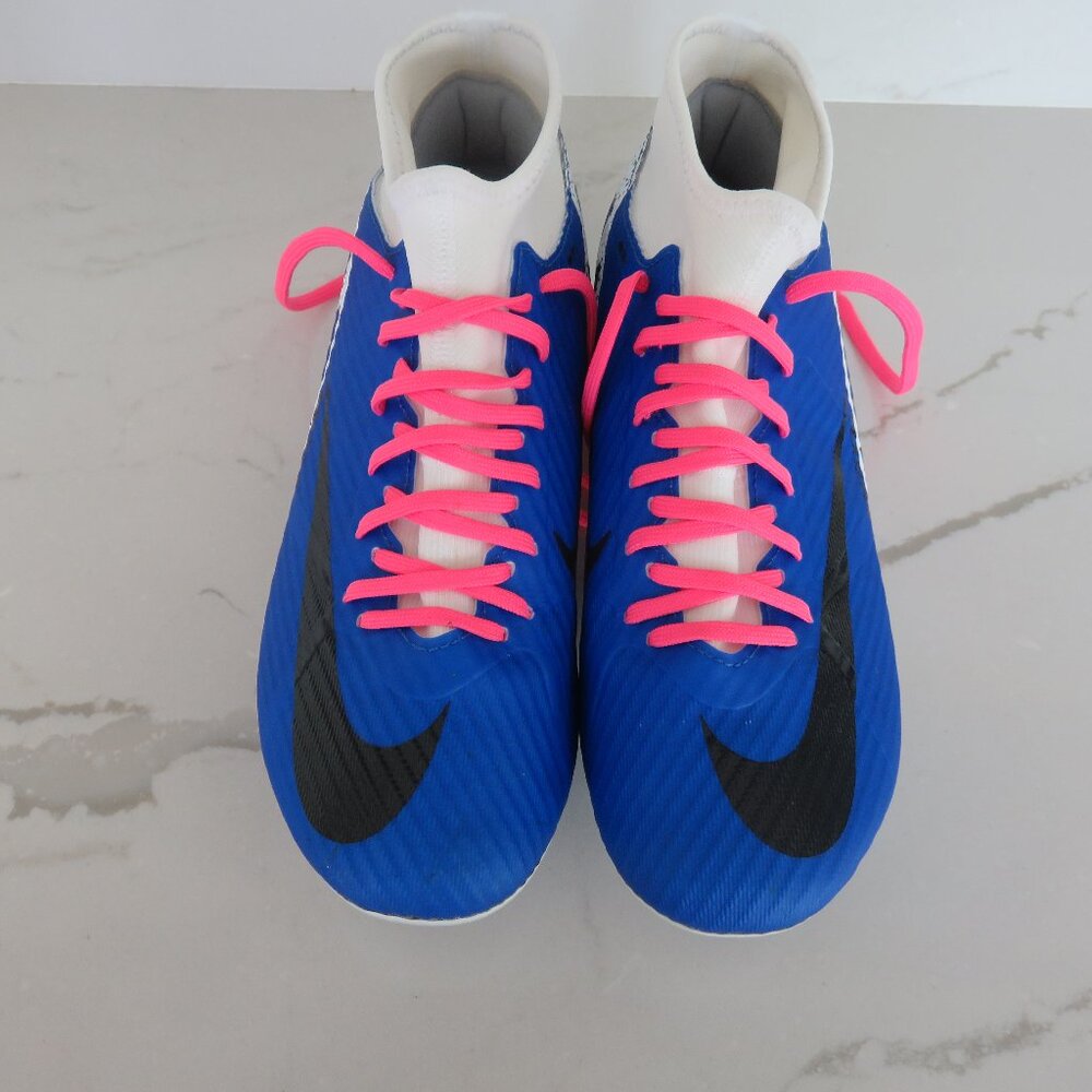 nike air zoom  mercurial soccer cleats  white and blue with black nike symbol